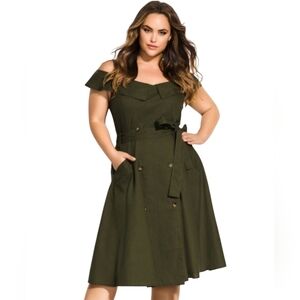 City Chic Linen Cotton Blazer Dress XXL/24 Olive Green Double-breasted Pockets